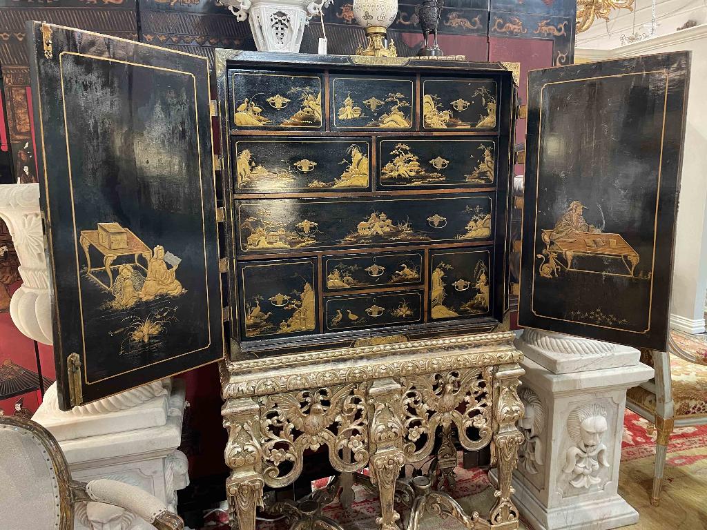 WILLIAM AND MARY BLACK JAPANNED CHEST ON STAND