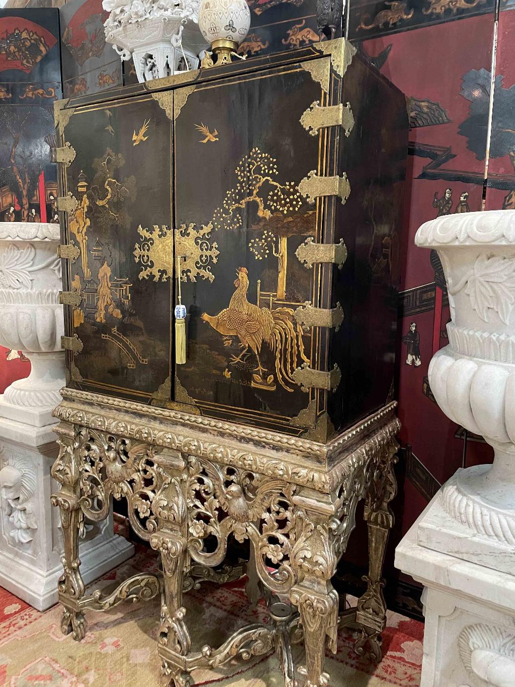 WILLIAM AND MARY BLACK JAPANNED CHEST ON STAND